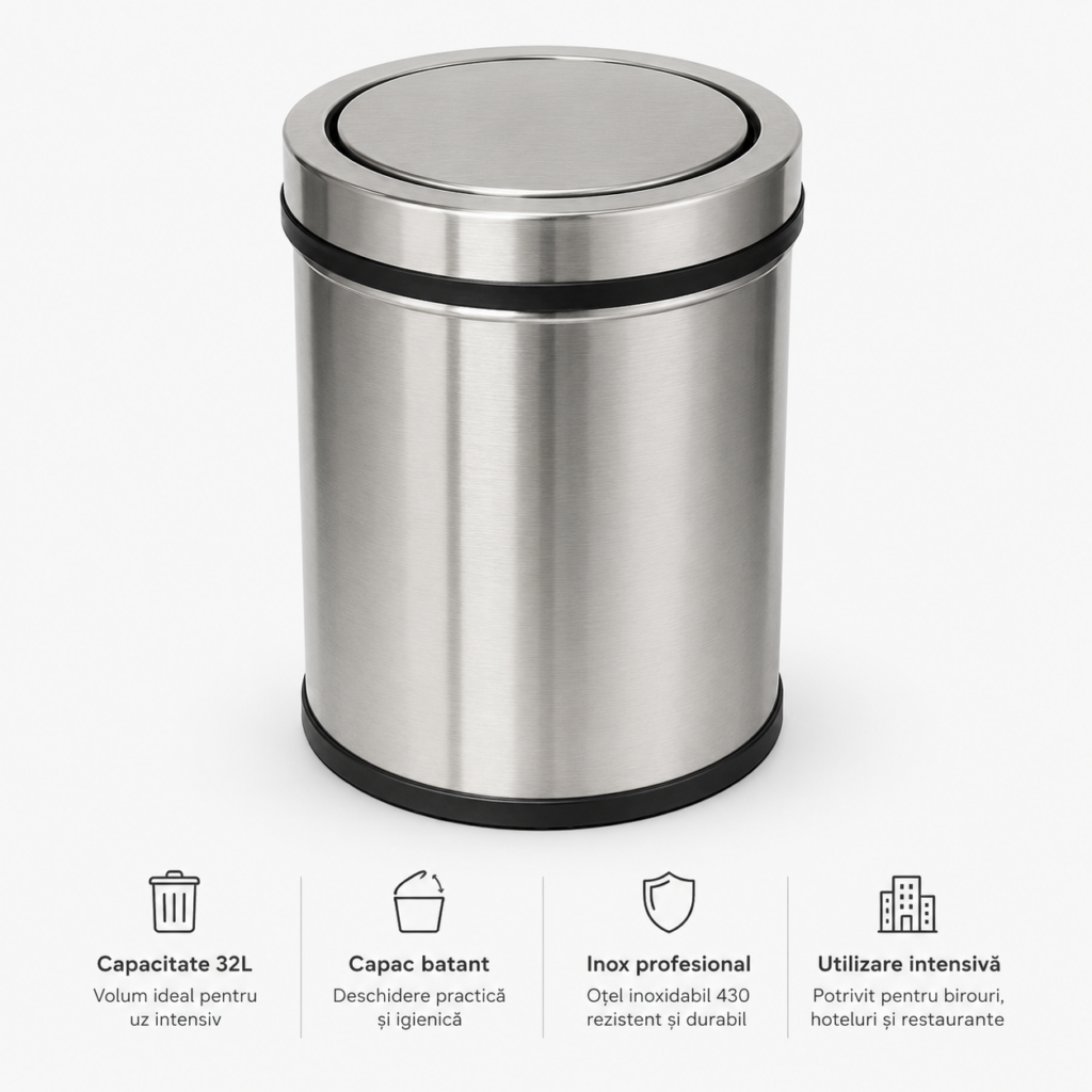 Cos de gunoi din inox cu capac batant 32 litri – poza 1