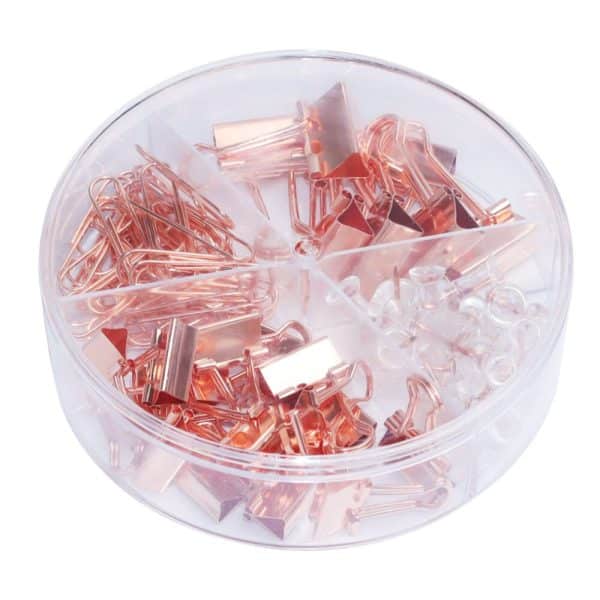 SET ACCESORII BIROU (AGRAFE, CLIPSURI, PIONEZE) AURIU DELI – poza 1