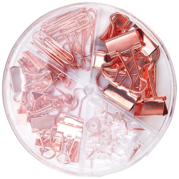 SET ACCESORII BIROU (AGRAFE, CLIPSURI, PIONEZE) AURIU DELI – poza 2