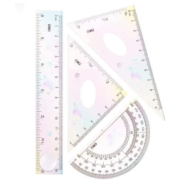 SET GEOMETRIE 4 PIESE MULTICOLOR (RIG.15CM, ECH*2, RAP) DELI – poza 2