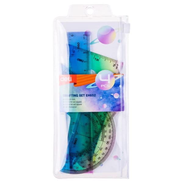SET GEOMETRIE 4 PIESE MULTICOLOR (RIG.15CM, ECH*2, RAP) DELI – poza 3