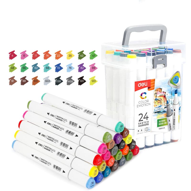 SET 24 MARKERE SKETCHING VARF DUBLU ROTUND 1MM/TESIT 7MM CUT PLASTIC COLOR EMOTION DELI – poza 1