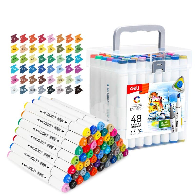 SET 48 MARKERE SKETCHING VARF DUBLU ROTUND 1MM/TESIT 7MM CUT PLASTIC COLOR EMOTION DELI – poza 1