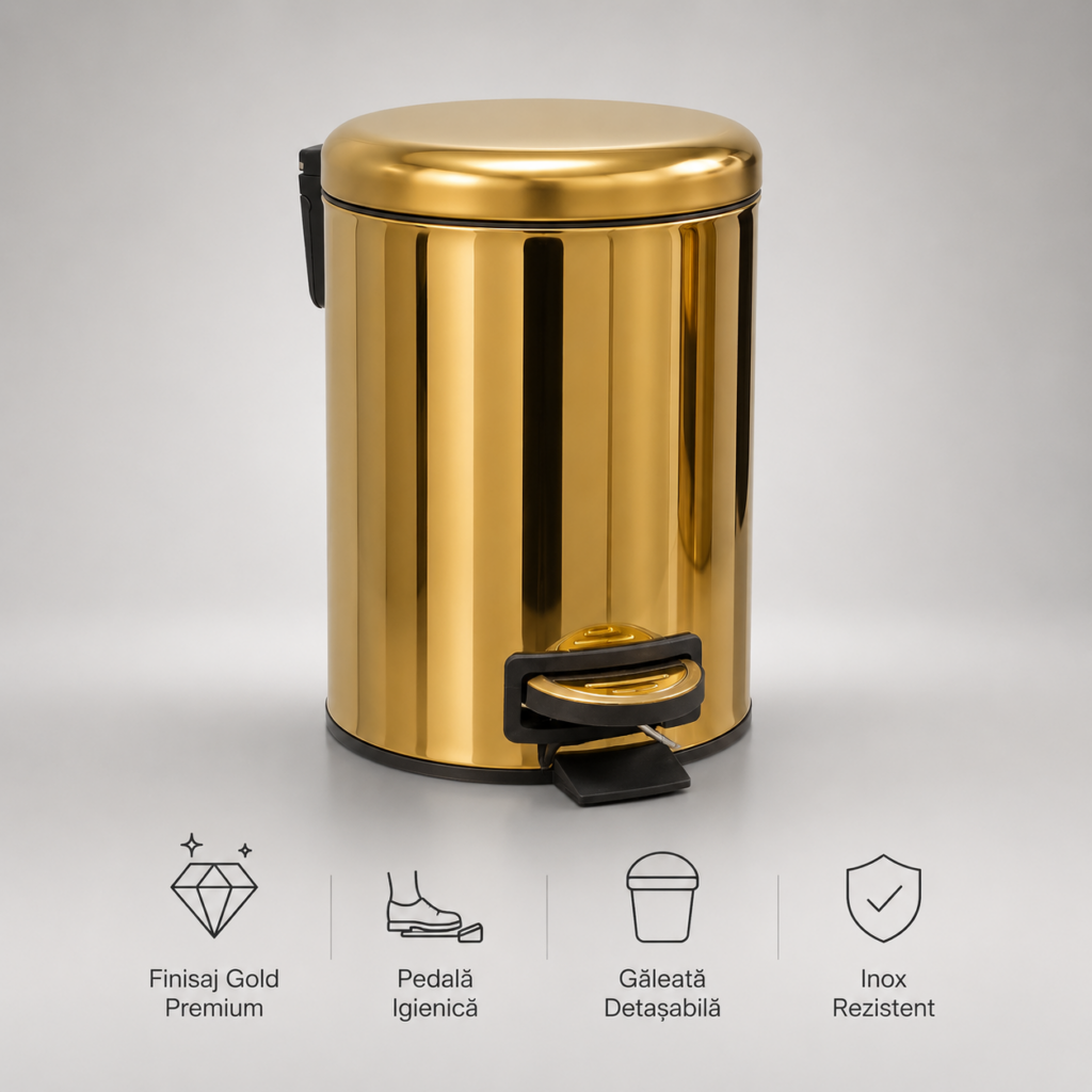 Coș de Gunoi Premium 5L Inox Gold cu Pedală-Elite – poza 1