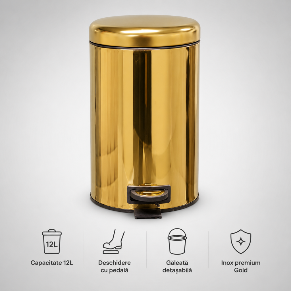 Coș de Gunoi Premium 12L Inox Gold cu Pedală - Elite – poza 1