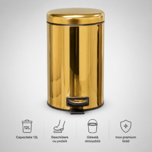 Coș de Gunoi Premium 12L Inox Gold cu Pedală - Elite – poza 1
