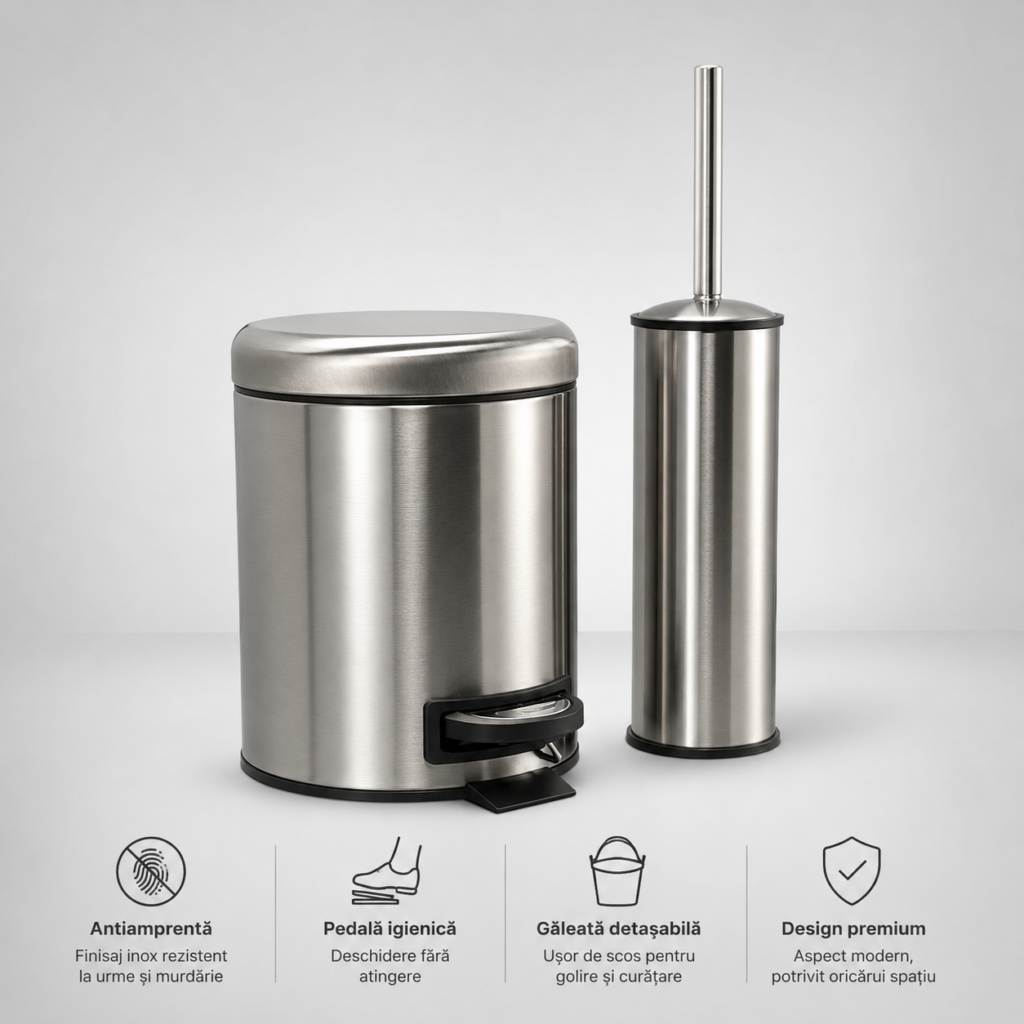 Set coș de gunoi premium 3L inox cu pedală Elite si perie WC Elite, antiamprenta – poza 1