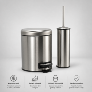 Set coș de gunoi premium 3L inox cu pedală Elite si perie WC Elite, antiamprenta – poza 1