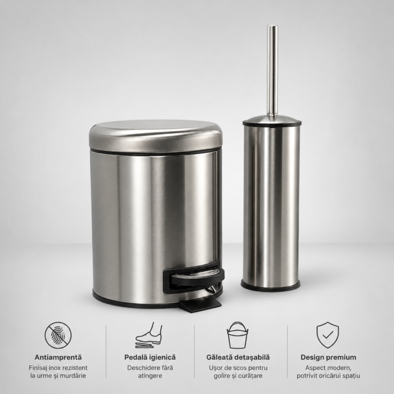 Set coș de gunoi premium 3L inox cu pedală Elite si perie WC Elite, antiamprenta – poza 1