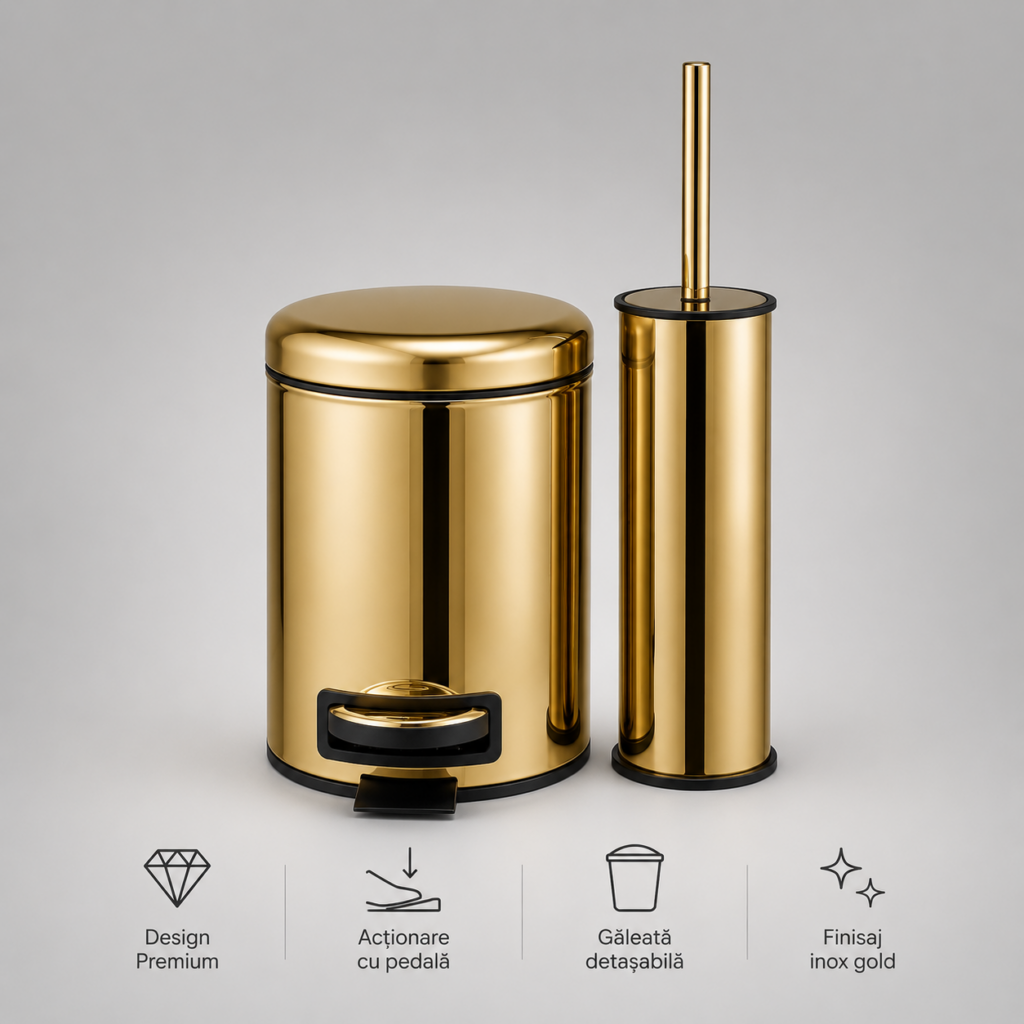 Set coș de gunoi premium 3L inox gold cu pedală Elite si perie WC Elite Gold – poza 1