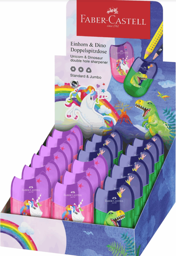 ASCUTITOARE PLASTIC DUBLA CU CONTAINER UNICORNI SI DINOZAURI FABER-CASTELL – poza 3