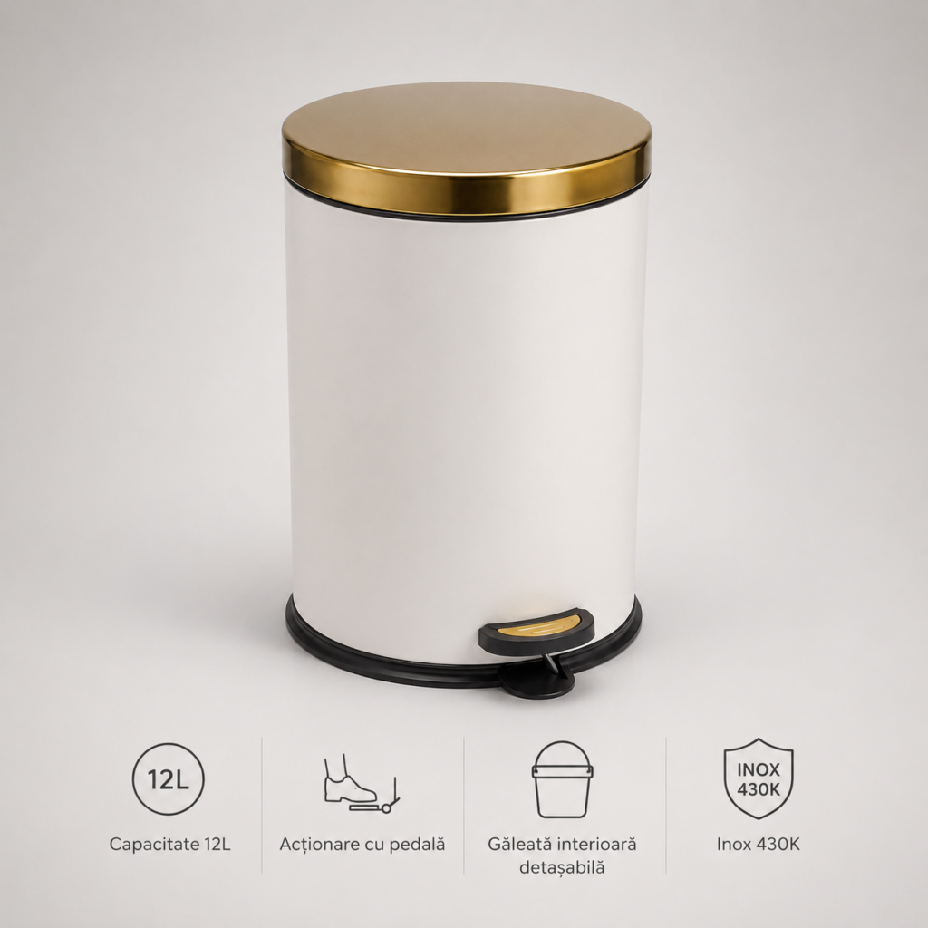 Coș de Gunoi Premium 12L Inox cu Pedală corp alb cu capac auriu – poza 1