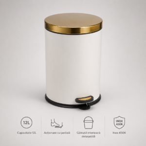 Coș de Gunoi Premium 12L Inox cu Pedală corp alb cu capac auriu – poza 1