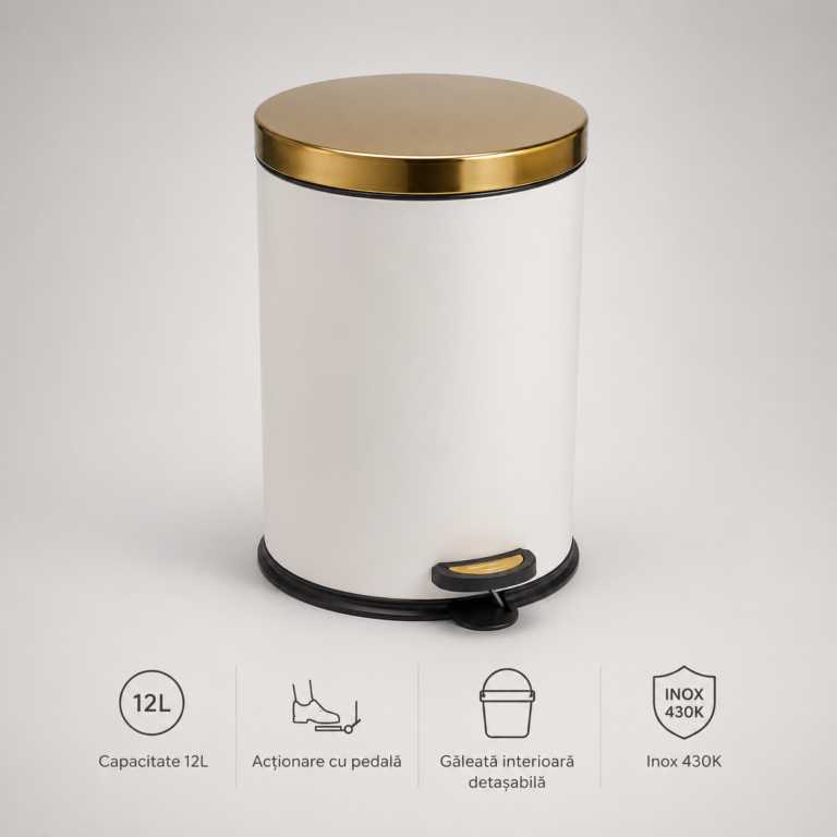 Coș de Gunoi Premium 12L Inox cu Pedală corp alb cu capac auriu – poza 1