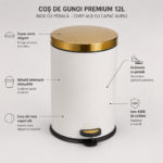 Coș de Gunoi Premium 12L Inox cu Pedală corp alb cu capac auriu – poza 4