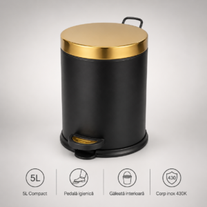 Coș de Gunoi Premium 5L Inox cu Pedală corp negru cu capac auriu – poza 1