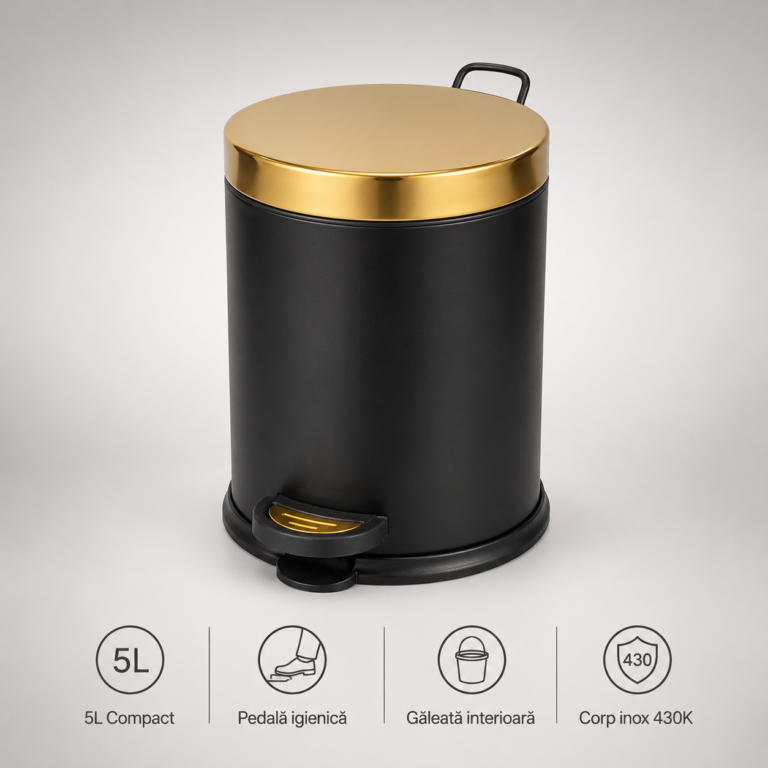 Coș de Gunoi Premium 5L Inox cu Pedală corp negru cu capac auriu – poza 1