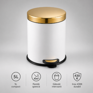 Coș de Gunoi Premium 5L Inox cu Pedală corp alb cu capac auriu – poza 1