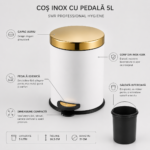 Coș de Gunoi Premium 5L Inox cu Pedală corp alb cu capac auriu – poza 4