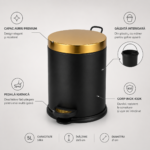 Coș de Gunoi Premium 5L Inox cu Pedală corp negru cu capac auriu – poza 4
