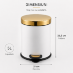 Coș de Gunoi Premium 5L Inox cu Pedală corp alb cu capac auriu – poza 5