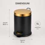 Coș de Gunoi Premium 5L Inox cu Pedală corp negru cu capac auriu – poza 3