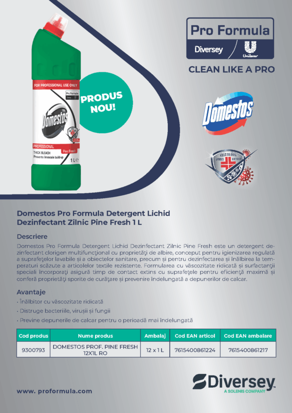 Domestos Professional Pine Fresh, 1L – Dezinfectant lichid pentru suprafețe, cu efect virucid, bactericid și fungicid – poza 2
