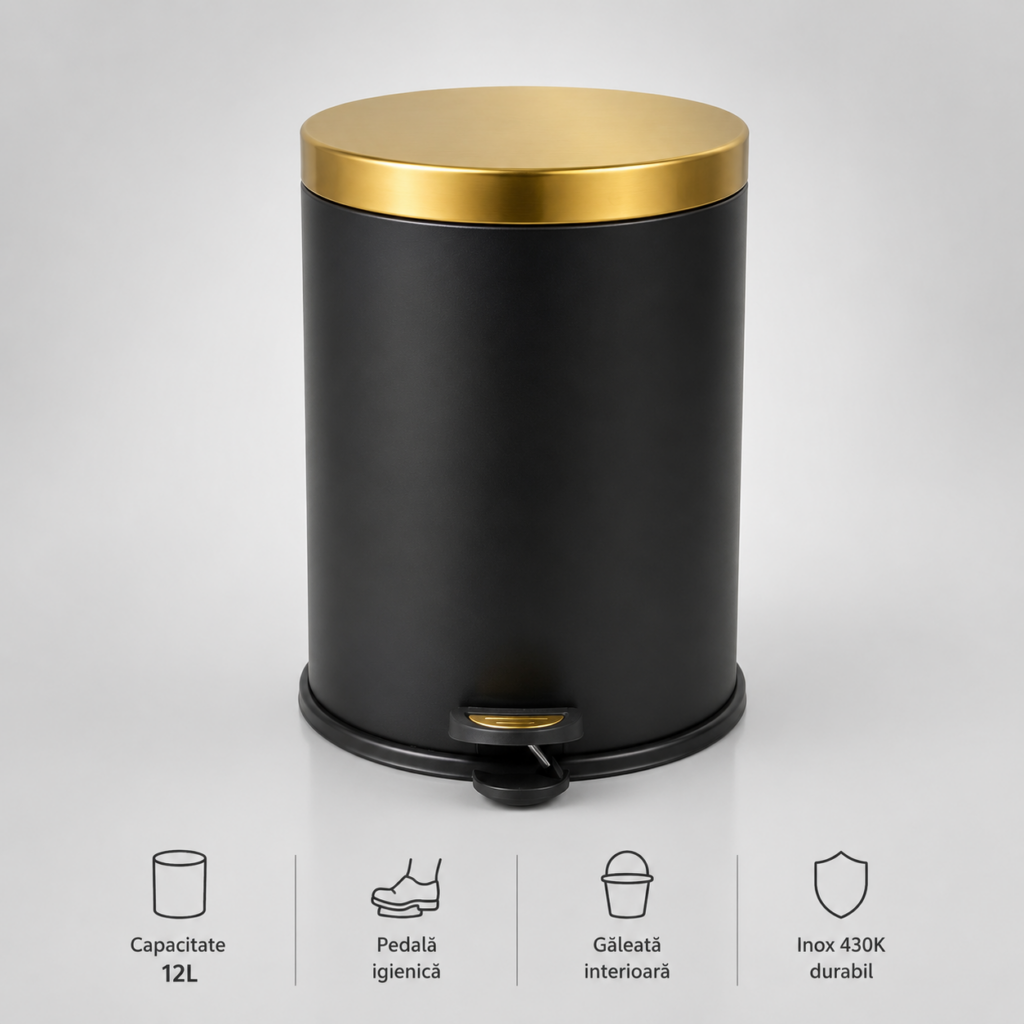 Coș de Gunoi Premium 12L Inox cu Pedală corp negru cu capac auriu – poza 1