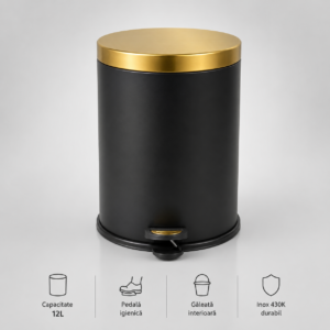 Coș de Gunoi Premium 12L Inox cu Pedală corp negru cu capac auriu – poza 1