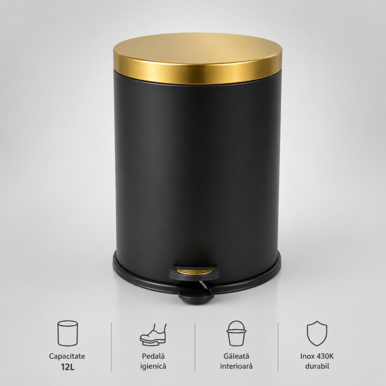 Coș de Gunoi Premium 12L Inox cu Pedală corp negru cu capac auriu – poza 1