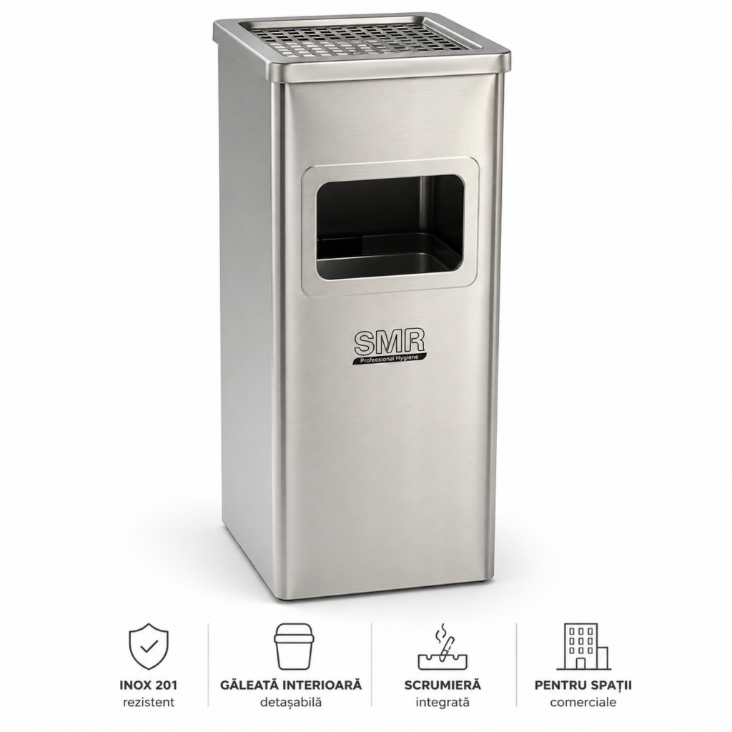 Coș inox cu scrumieră  — finisaj brushed & polish, 35 L | SMR – poza 1