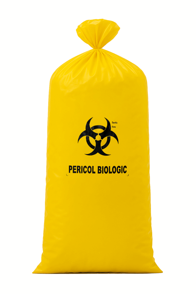 Sac galben Biohazard 120L – 70x110 cm, LDPE 50 mic, 10 buc/rolă – poza 1