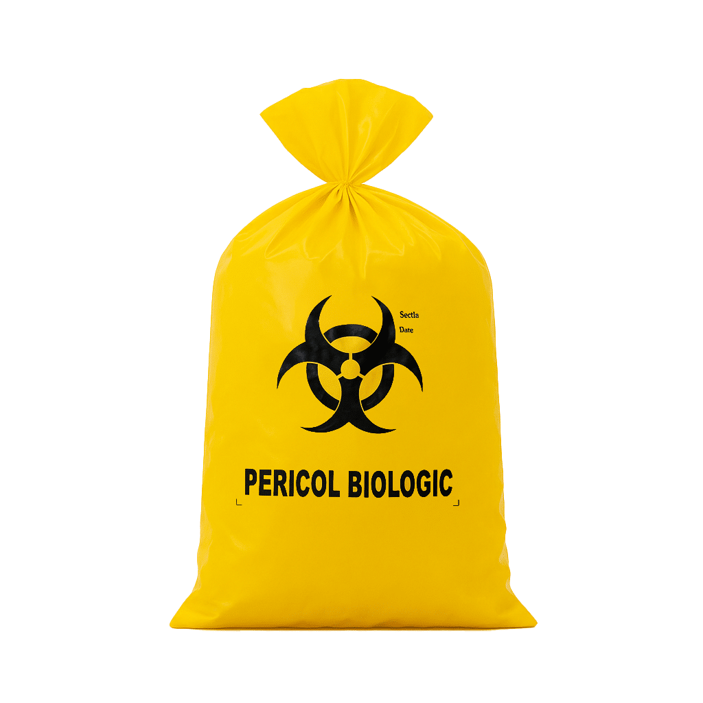 Sac galben Biohazard 25L – pericol biologic, 50 microni, 20 buc/rolă – poza 1