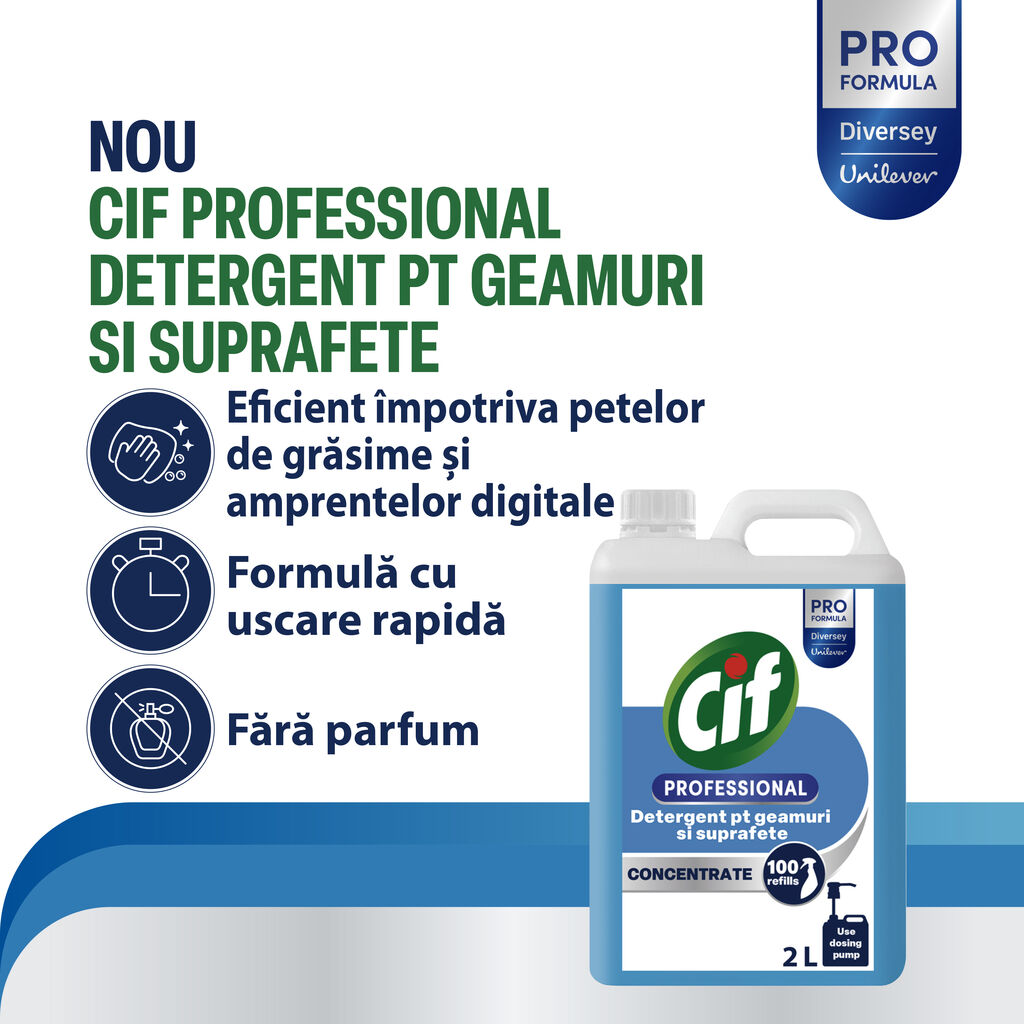 Cif Professional Detergent Concentrat pentru Geamuri și Sticlă 2L | 100 doze | Fără urme | Pro Formula by Diversey – poza 1