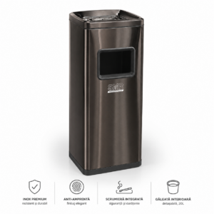 Coș inox cu scrumieră, tratament anti-amprentă — premium 50 L | SMR – poza 1