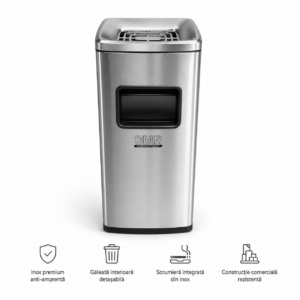 Coș inox cu scrumieră, tratament anti-amprentă — premium 50 L | SMR – poza 1