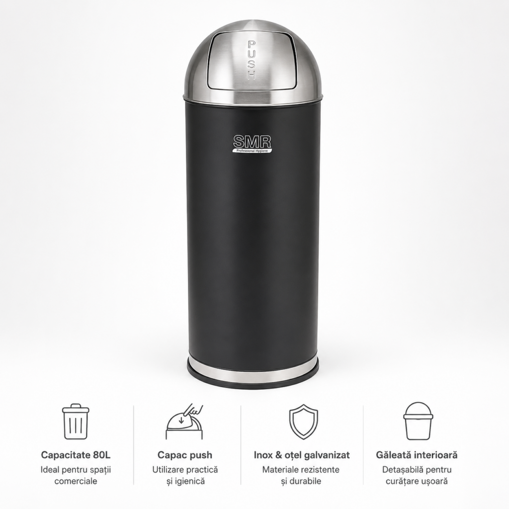 Coș de gunoi inox 80 L cu capac push — corp negru mat, capac inox | SMR – poza 1