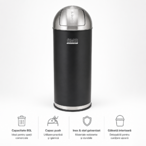 Coș de gunoi inox 80 L cu capac push — corp negru mat, capac inox | SMR – poza 1
