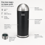 Coș de gunoi inox 80 L cu capac push — corp negru mat, capac inox | SMR – poza 4
