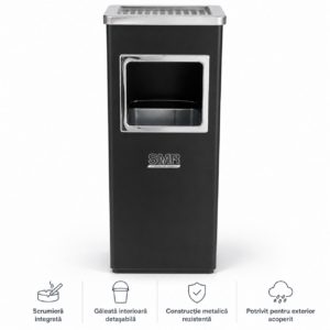 Coș metalic negru cu scrumieră pentru interior — finisaj vopsit, 35 L | SMR – poza 1
