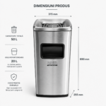Coș inox cu scrumieră, tratament anti-amprentă — premium 50 L | SMR – poza 3