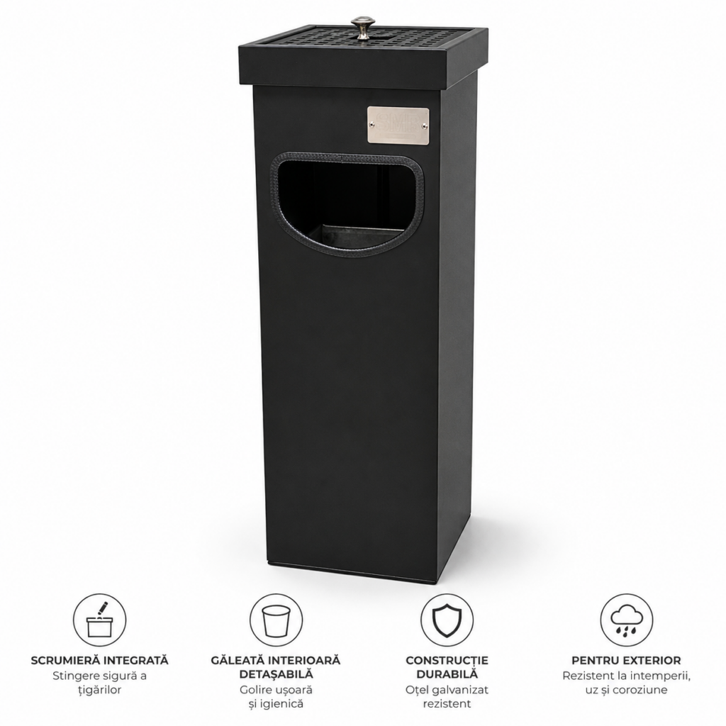 Coș metalic cu scrumieră pentru exterior — negru, 30 L | SMR – poza 1