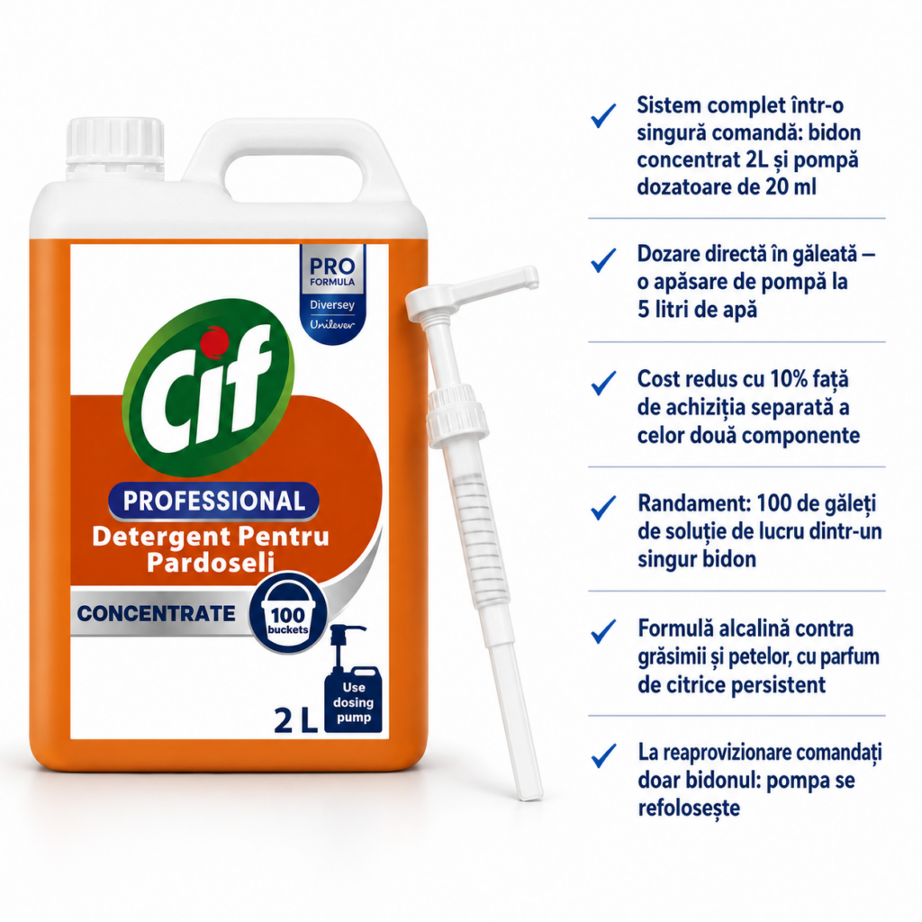 Kit complet detergent pardoseli Cif Professional – bidon 2L + pompă dozatoare – poza 1